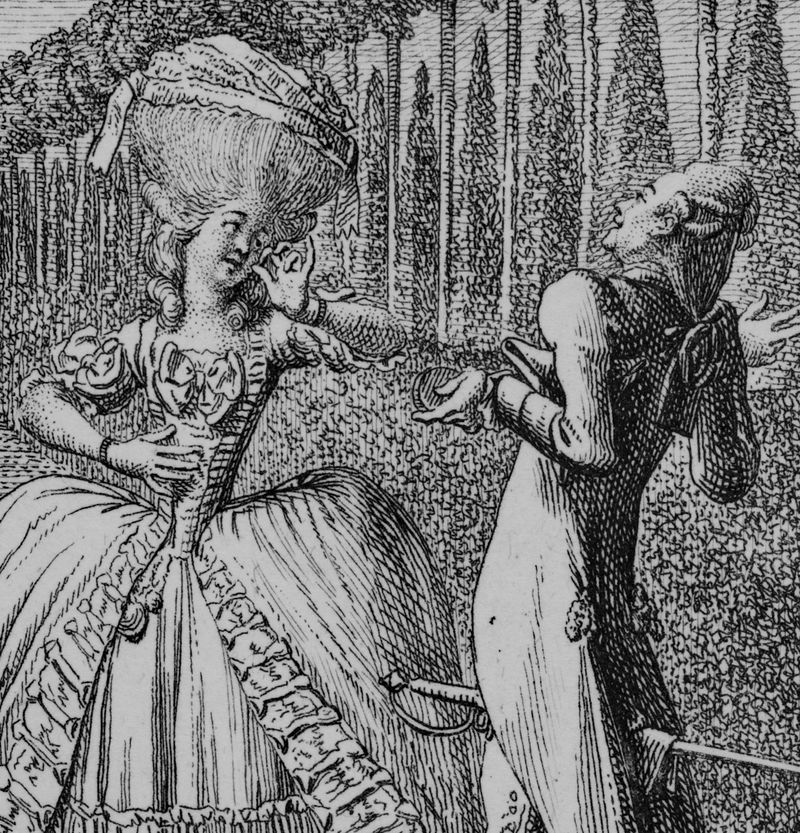 Daniel Chodowiecki: Das Gespräch (Ausschnitt). Aus der Serie Natürliche und affektierte Handlungen des Lebens, 1778, Gleimhaus